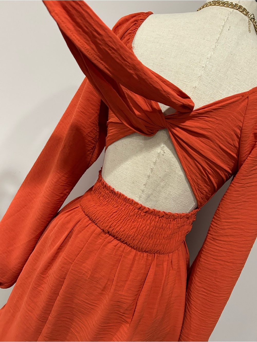Square Neck Long Sleeve Ruffle Hem Dress in Vibrant Orange - Picture 4 of 8